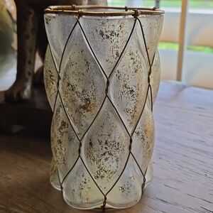 Antiqued Gold Small  Frosted Glass Vase/Votive Holder with Wire Lattice Accent